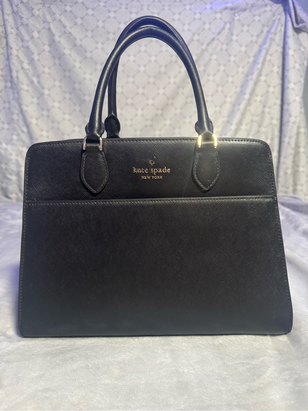 kate spade Black Structured Leather Laptop Brief Satchel with Gold Accents